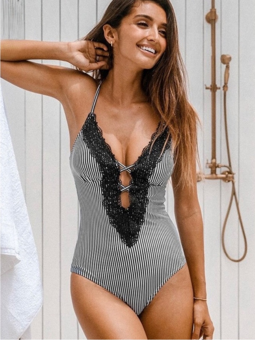 Cupshe swimsuit Black & White Striped Lace-Trim Deep V One-Piece Swimsuit